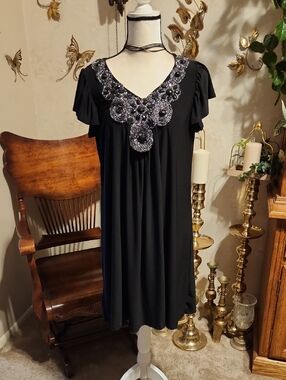 Black Beaded V-Neck Midi Dress